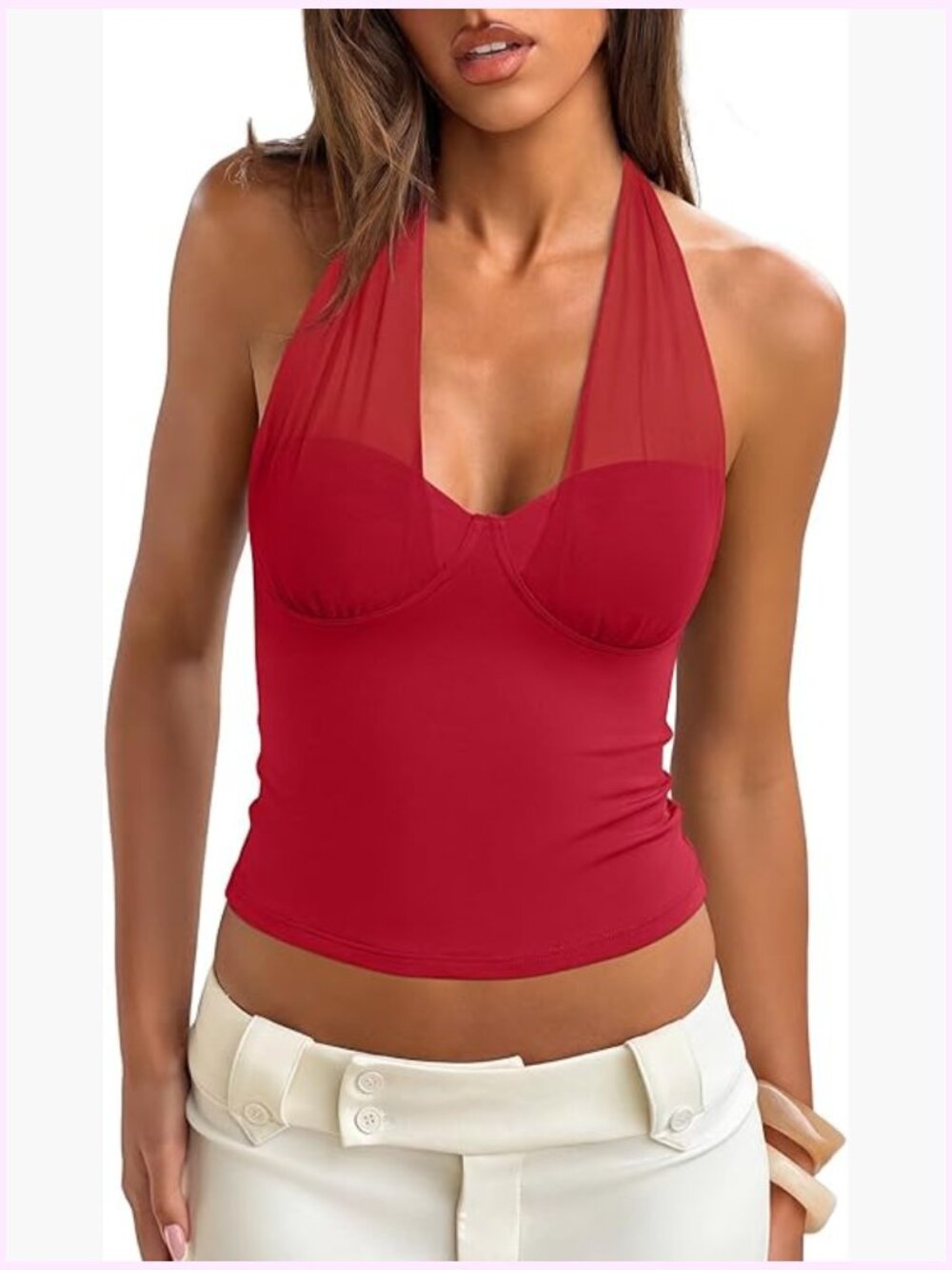 Sexy Mesh Halter Crop Top Deep V Neck Backless Going Out Tank Top